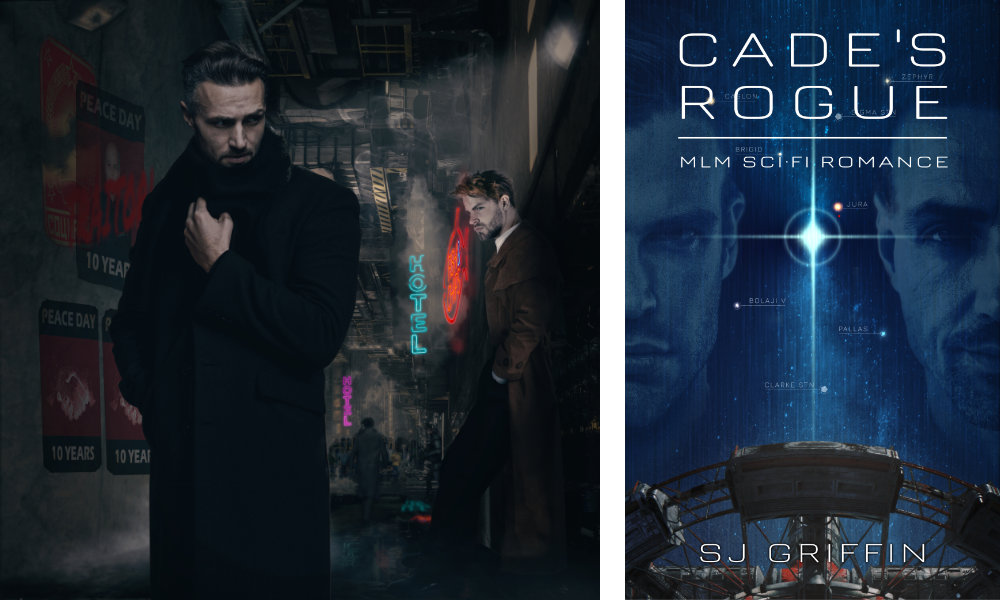 Two images side by side. On the left is a image of dark alleyway in dystopian future city, smoke and neon lights can be seen in the background. A wary man stands in the foreground, in the background a younger man leans against a wall watching. On the right hand side is a book cover featuring a space scene and the title "Cade's Rogue".