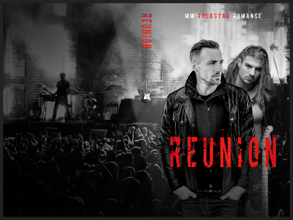 Photograph of a rock concert. Superimposed over it are the images of two middle aged men, both wearing leather jackets. One with short cropped hair stands in the foreground hands in pockets, the other with long unkempt hair looking over their shoulder. The text reads "Reunion" in a distressed san-serif font.